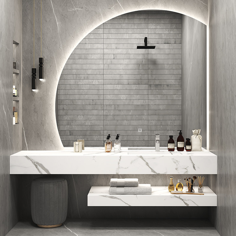 简约现代双层岩板浴室柜一体盆洗手洗脸盆组合卫生间洗漱台卫浴柜