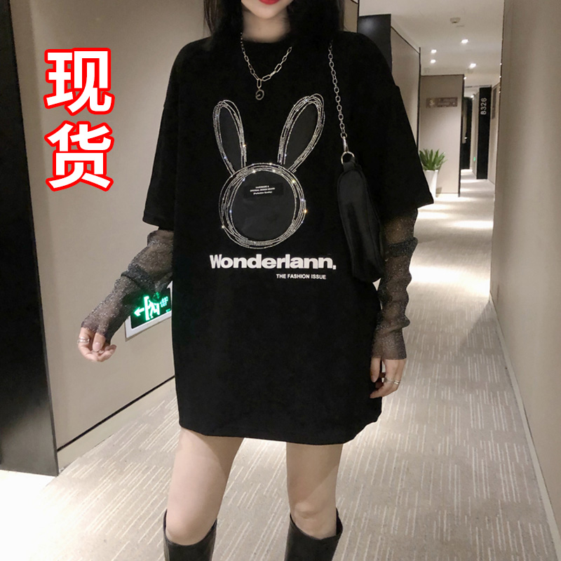 假两件长袖印花T恤女春秋网纱拼接烫钻宽松中长款百搭圆领上衣