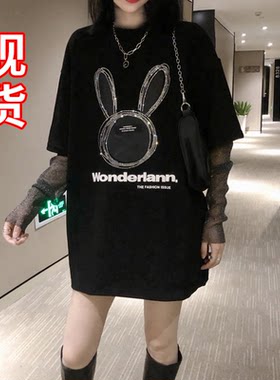 假两件长袖印花T恤女春秋网纱