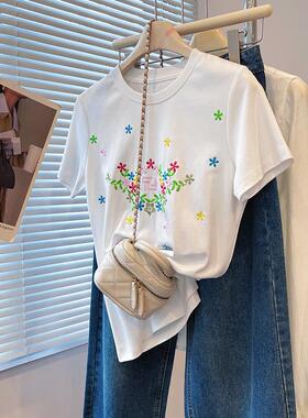 2025年夏季新款刺绣正肩短袖T恤女纯棉白色女装外穿圆领显瘦设计