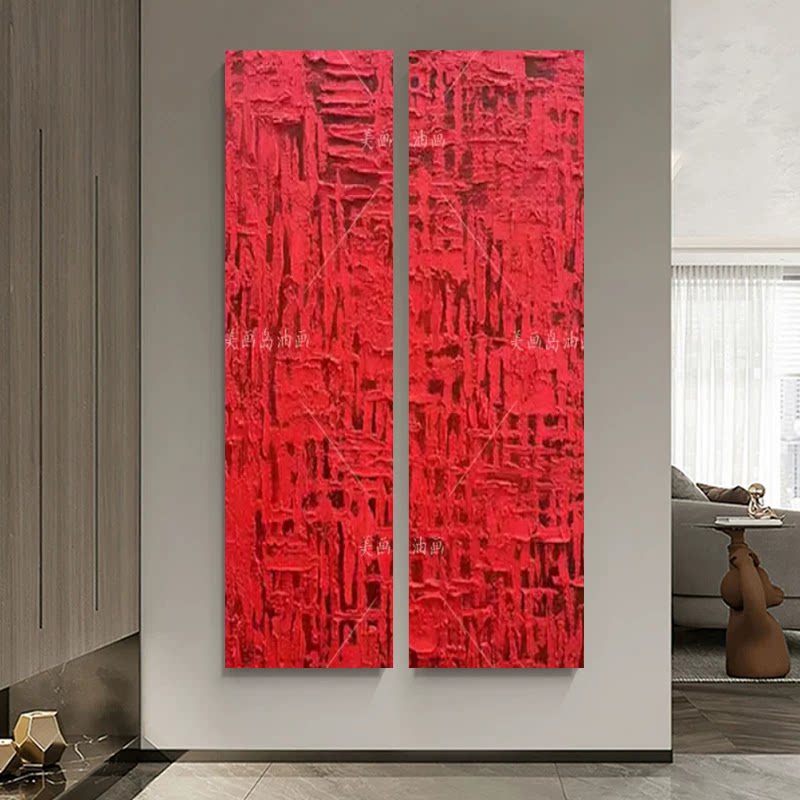 MHD原创纯手绘红色砂岩油画《满堂红》双联油画长条装饰画玄关画