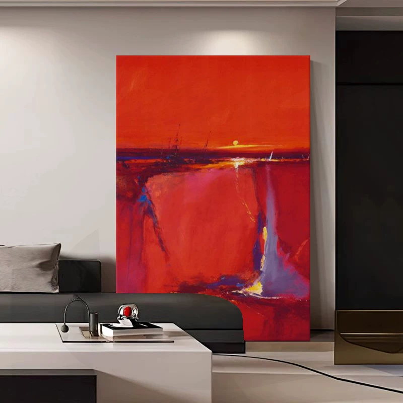 MHD手绘油画《红韵乐章》办公室挂画酒店红色油画立体玄关装饰画图片