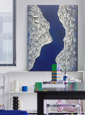 MHD手绘油画玄关画《流水生财》蓝色沙发现代轻奢肌理设计抽象画