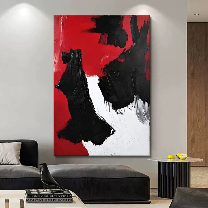 MHD手绘油画《暴富》客厅装饰画红色沙发简约抽象肌理画餐厅挂画