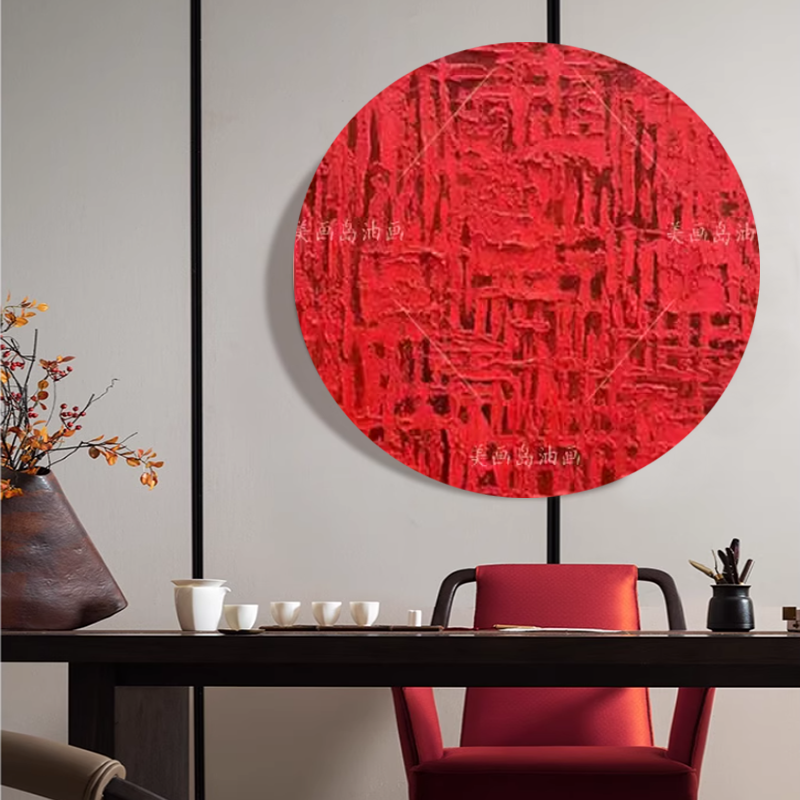MHD手绘油画《满山红》圆形画红色沙发轻奢肌理抽象画客厅装饰画图片