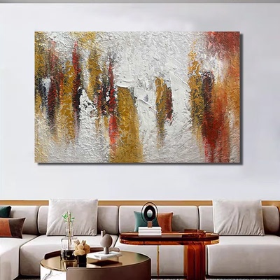 MHD现代纯手绘油画《温暖》沙发画橙色肌理样板间抽象横板装饰画