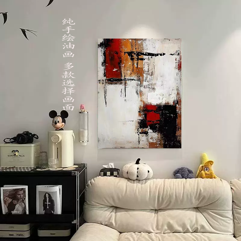 MHD手绘油画黑白油画玄关装饰画客厅背景肌理画酒店大厅玄关壁画图片