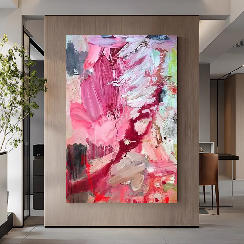MHD纯手绘油画现代简约抽象挂画客厅大幅肌理画玄关卧室粉色壁画