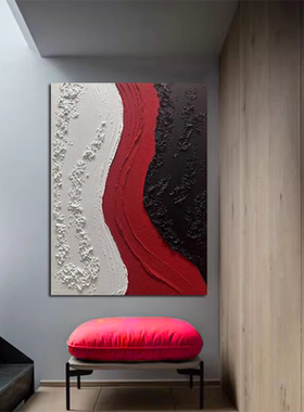 大厅手绘油画《红炽影漫》现代抽象红色艺术客厅沙发背景墙装饰画