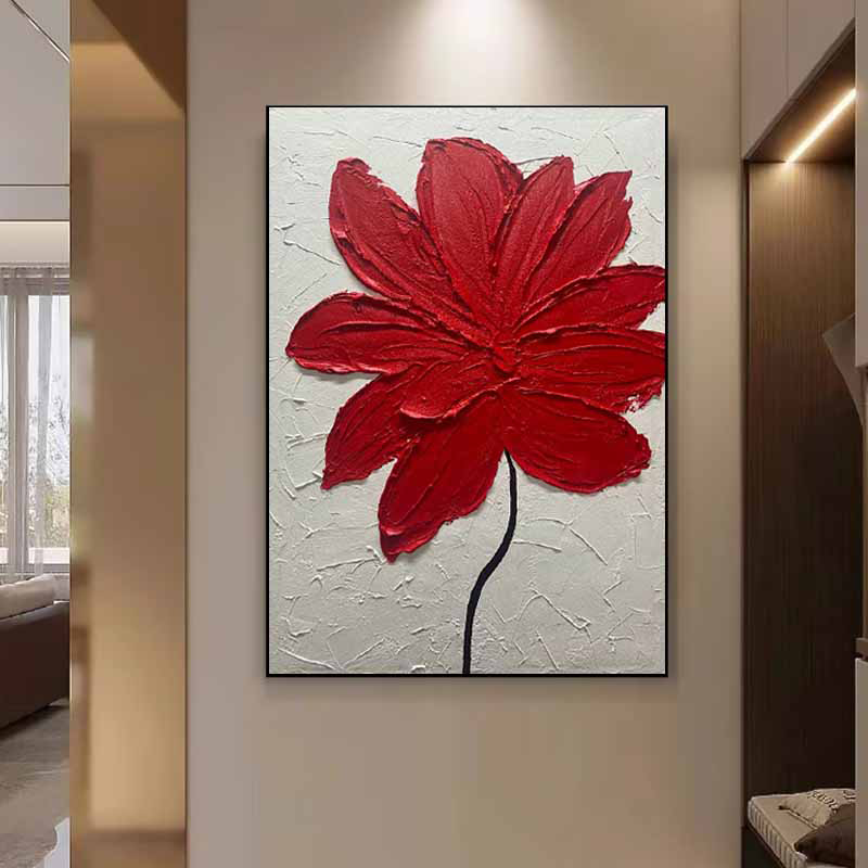 MHD手绘油画《鸿禧》客厅玄关装饰画花卉酒店沙发抽象画红色油画图片