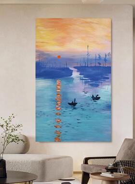 MHD手绘油画日出风景油画玄关抽象客厅装饰画入户蓝色走廊过道画