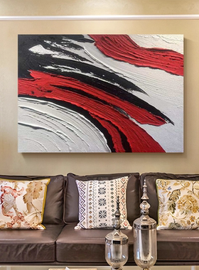 MHD原创手绘油画《招财聚富》红色肌理样板间横板餐厅装饰沙发画