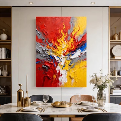 MHD手绘油画《炽烈》红色肌理设计客厅背景装饰画大厅酒店沙发画