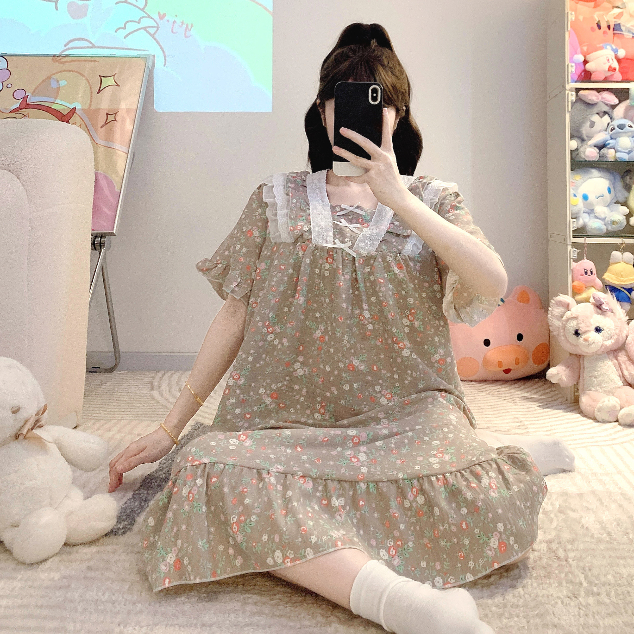 公主风碎花睡裙带胸垫女款夏季甜美蕾丝边短袖睡衣家居服宽松大码