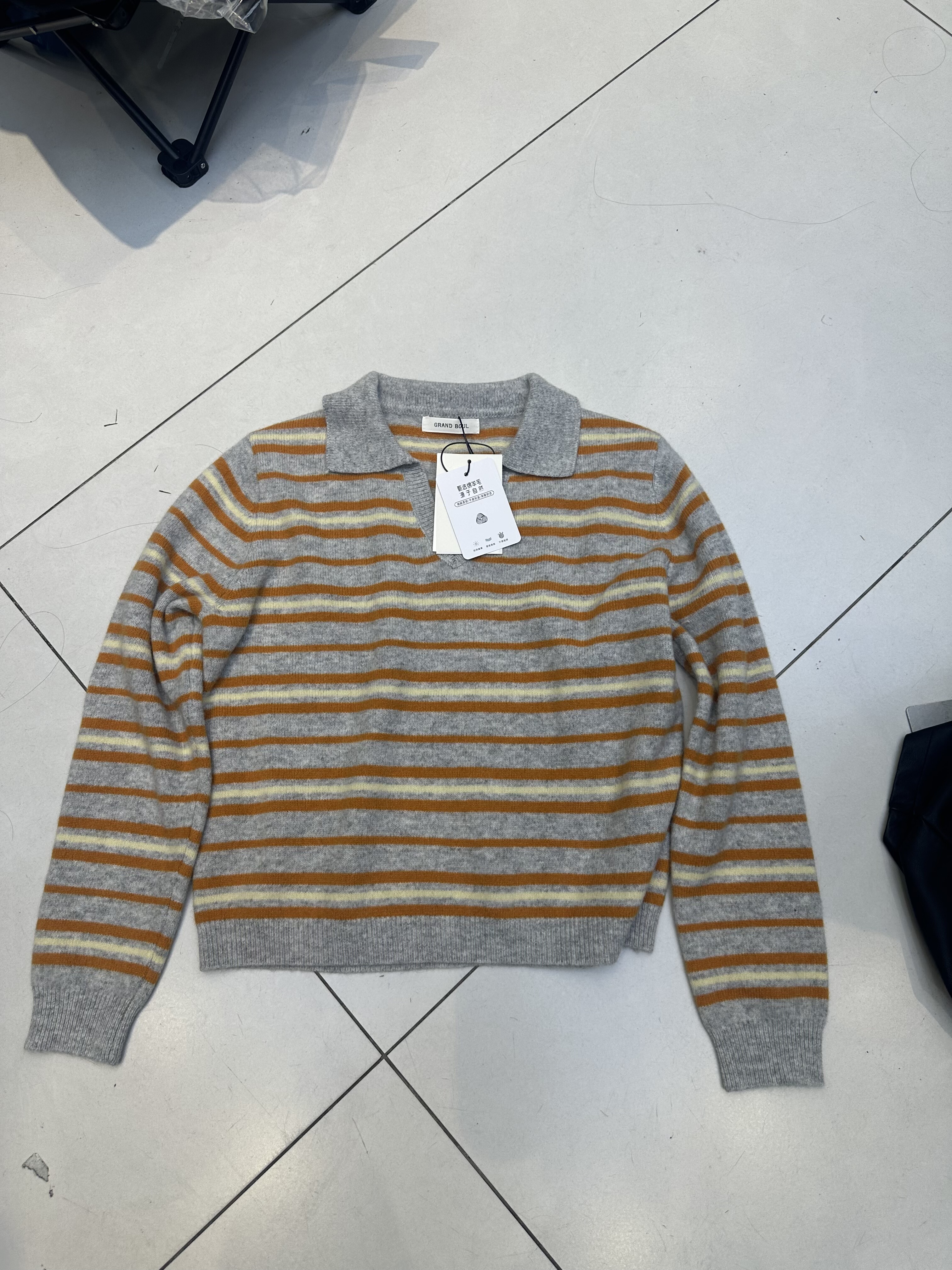 GRANDBOUL52380正品彩条翻领羊毛衫女2025秋冬新款百搭单穿打底潮