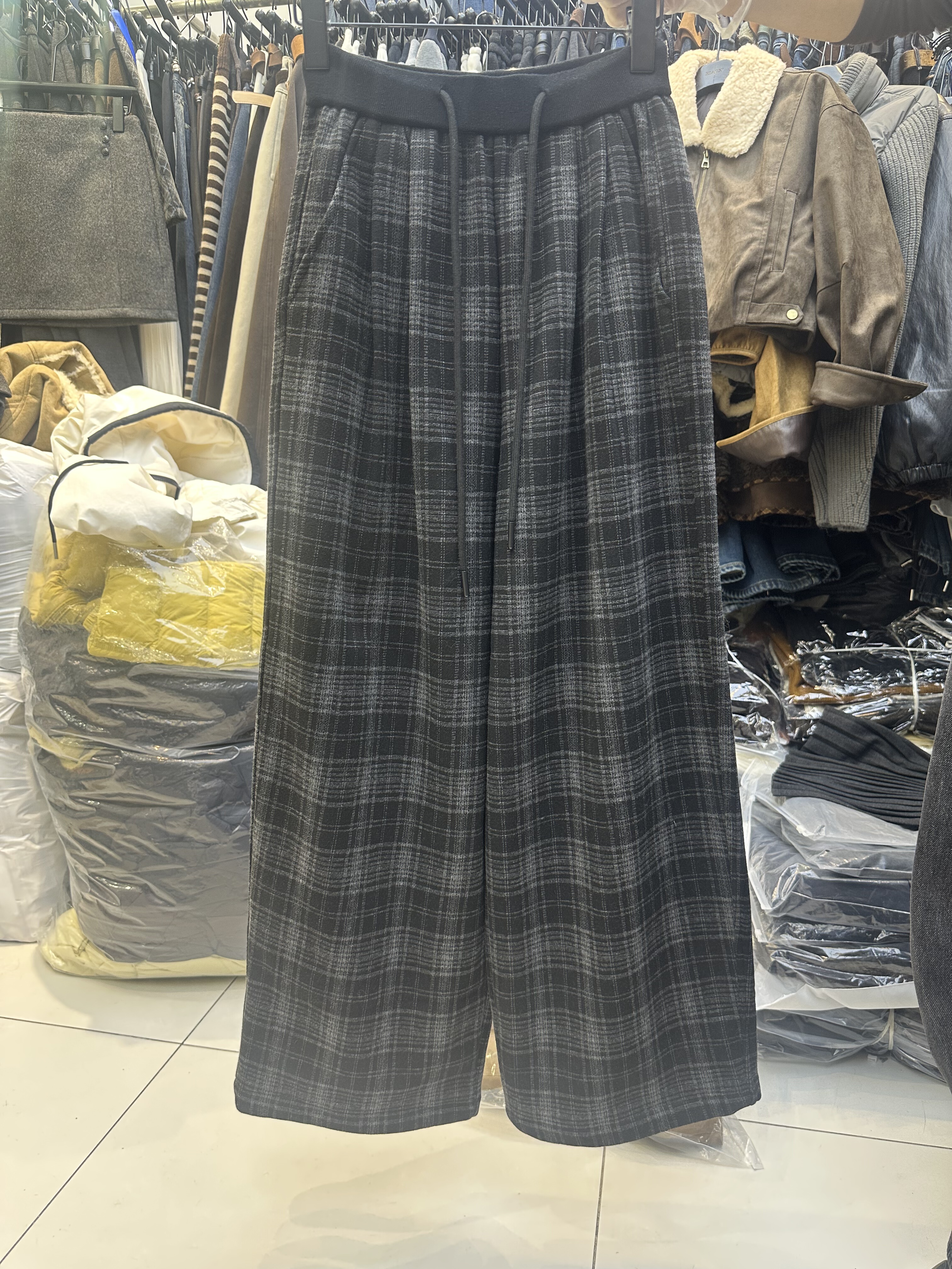 CJY17011正品加绒松紧腰格子阔腿裤女2025冬季新款百搭显瘦休闲裤