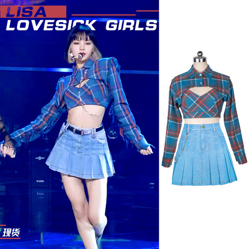 blackpink女团lisa蓝格子打歌服