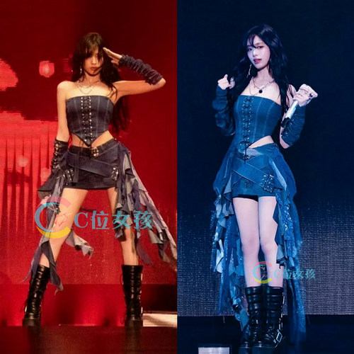 女团同款牛仔不规则飘带打歌服