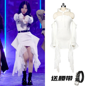 nmixx女团同款 kpop打歌服爵士随舞表演出舞台服不规则白色连衣裙