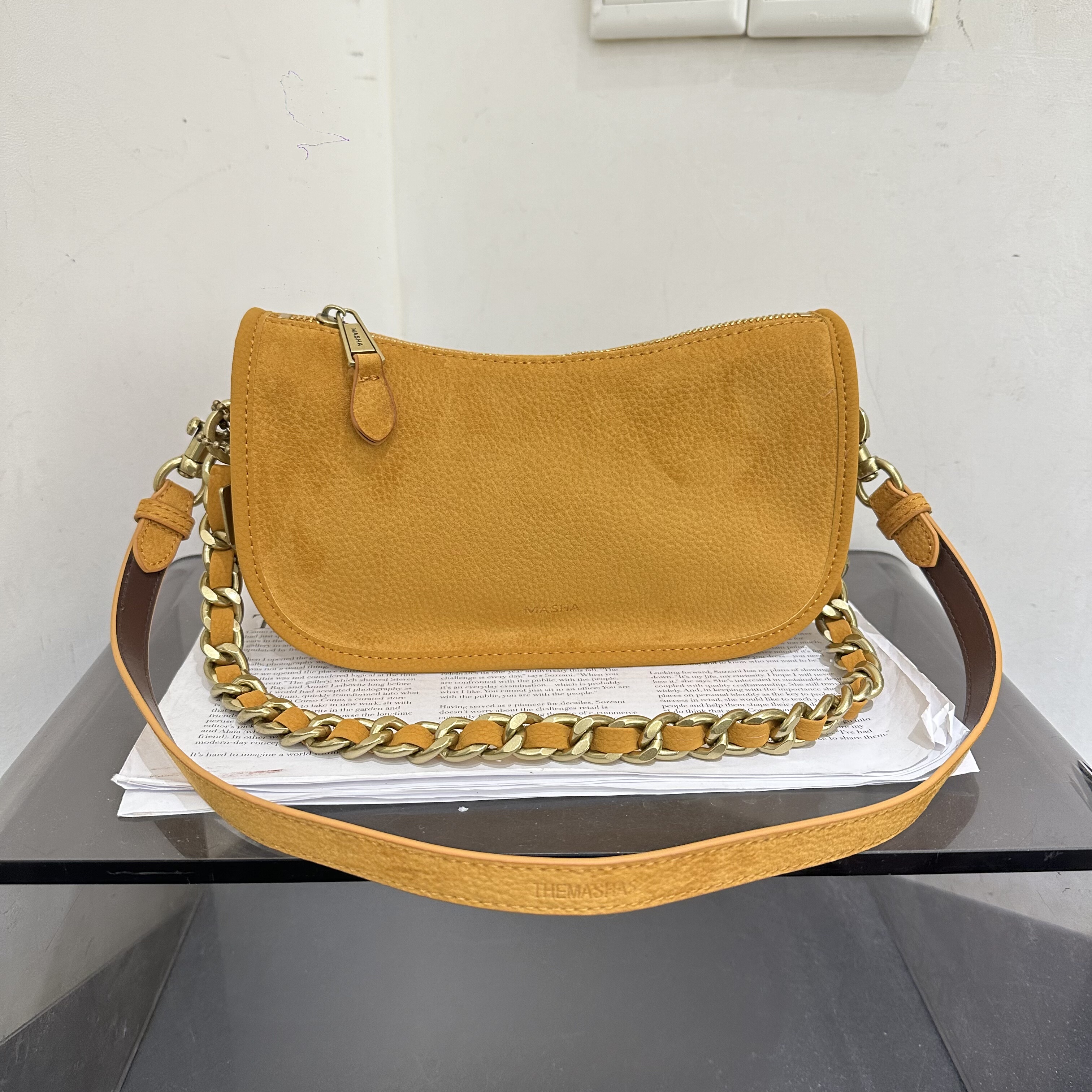 玛莎新款半月包粗链条装饰复古休闲慵懒风软皮单肩斜挎包韩版小包