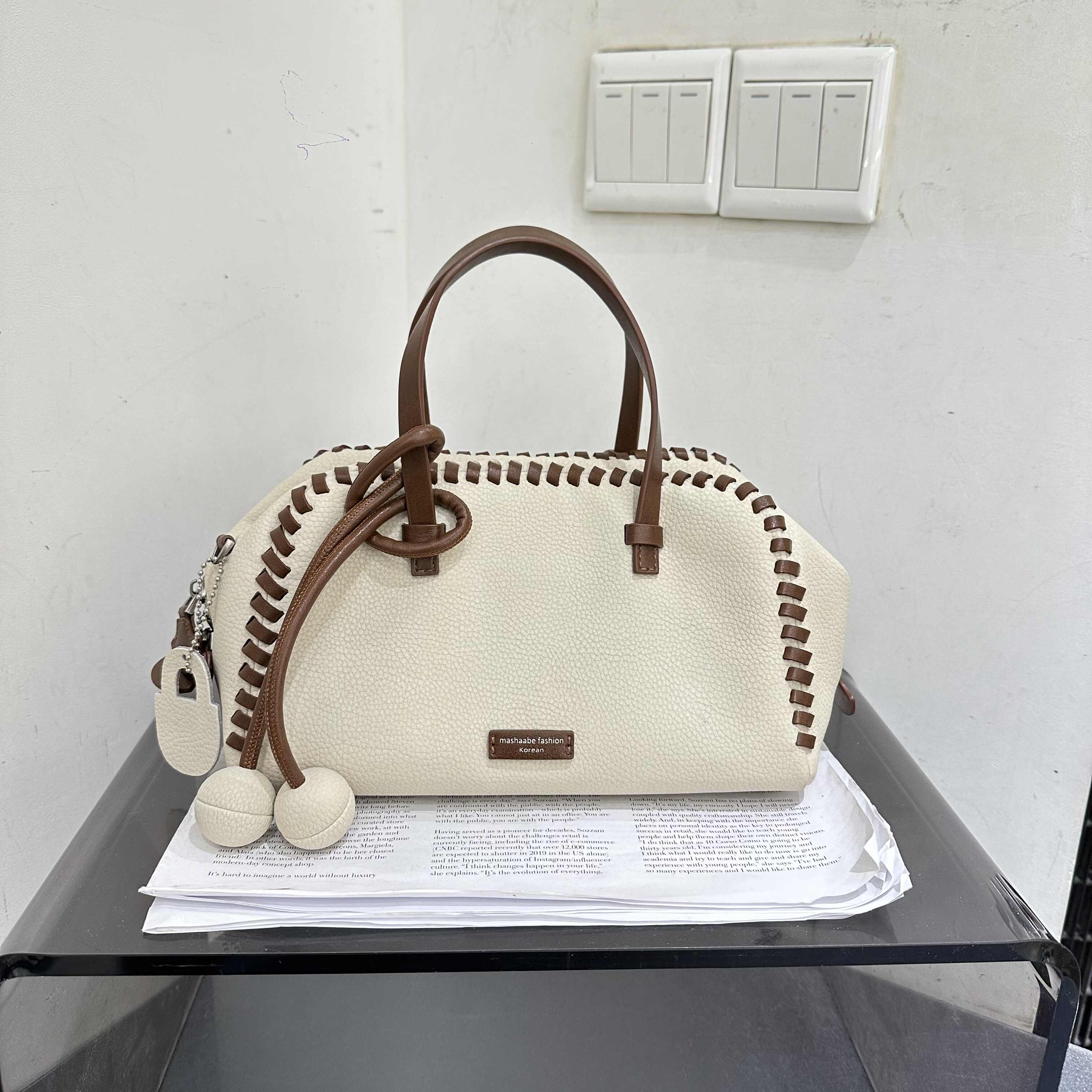 玛莎爱贝儿新款复古休闲慵懒风软皮荔枝纹手提贝壳包单肩斜挎包女