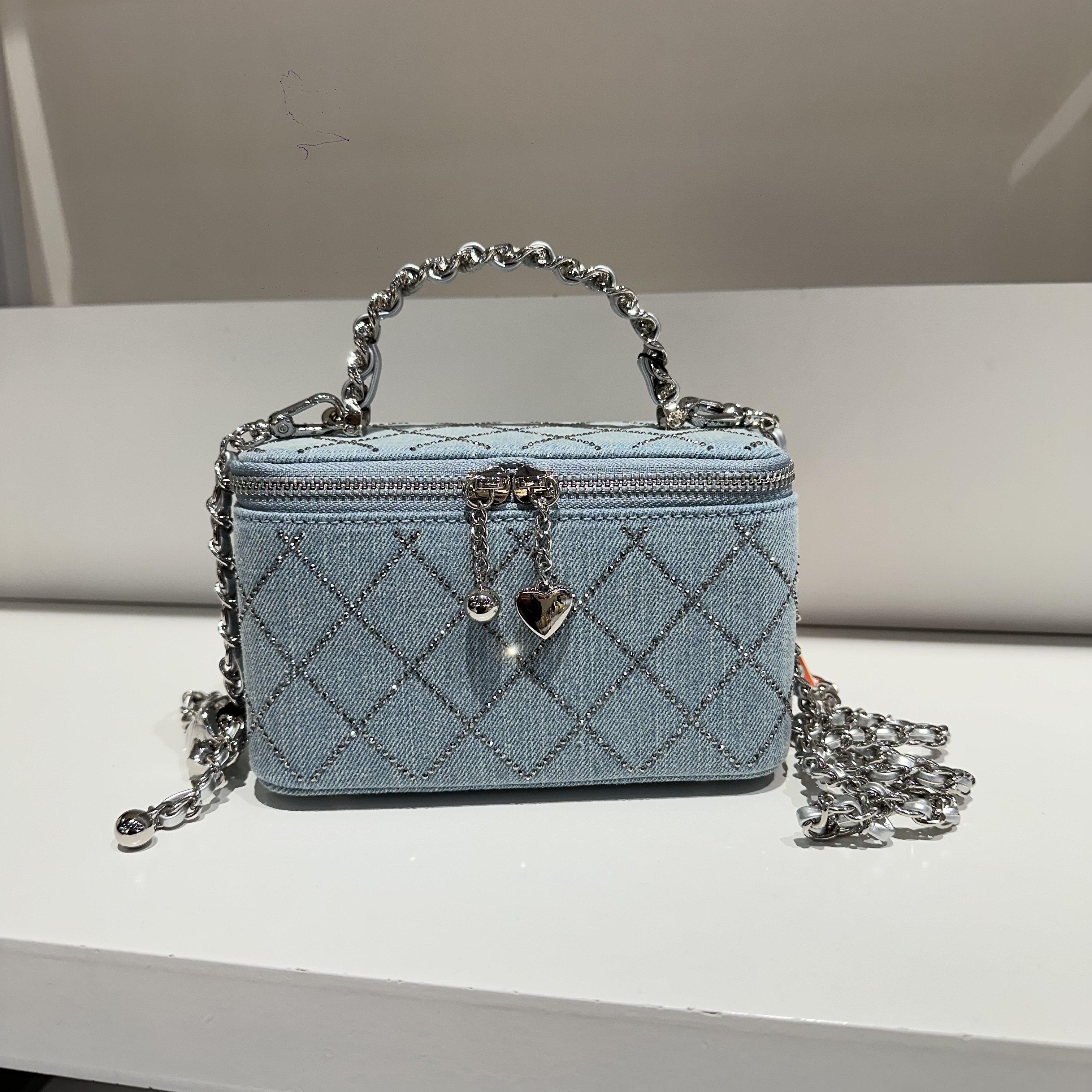 好莱奴新款时尚牛仔布盒子包百搭定型链条斜挎包休闲女包简约手提