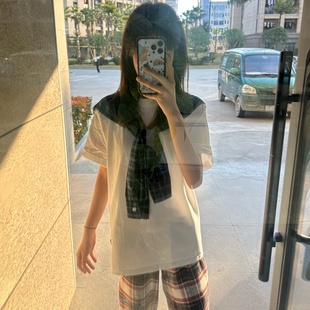 宽松情侣上衣ins潮 美式 复古辣妹格子披肩假两件短袖 t恤女夏季 新款