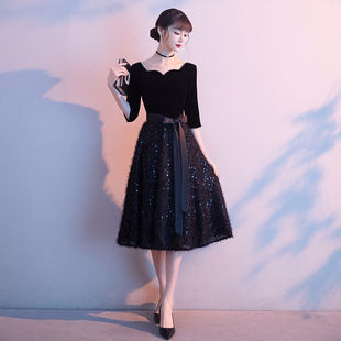 麦斯贝思黑色小礼服女新款冬季加厚年会名媛气质显瘦大合唱团演出