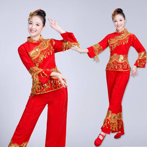 秧歌服演出服女2021民族风舞蹈服装广场舞套装中老年红色XXL