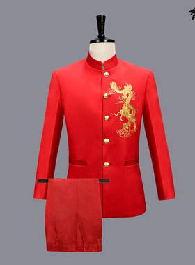 中山装加肥加大码中国风男士青年套装大合唱演出服男青花瓷古筝二