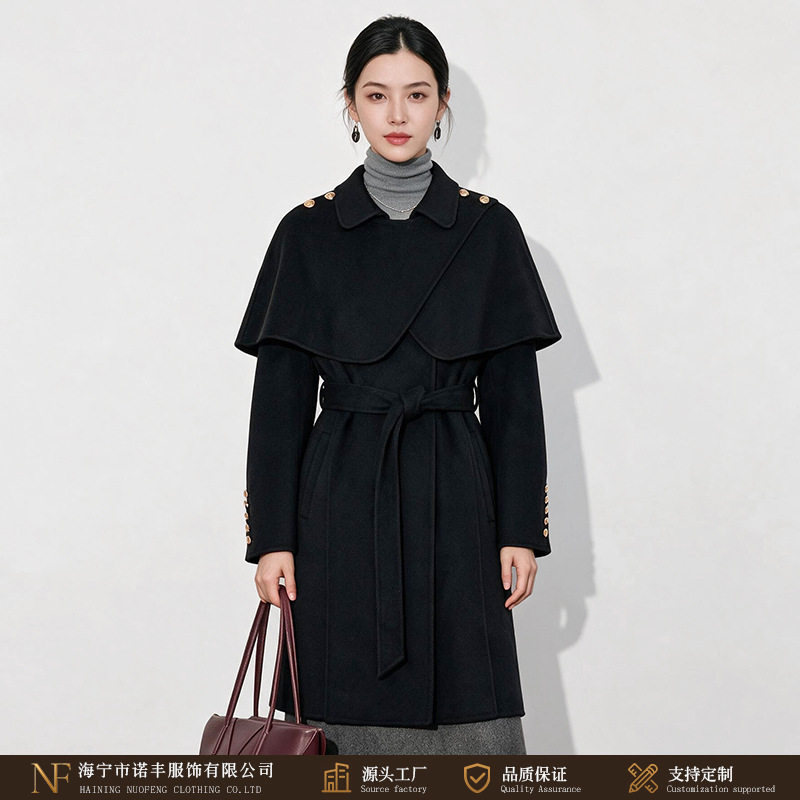 斗篷披肩式双面呢羊毛大衣女翻领系带收腰中长款气质风衣毛呢外套