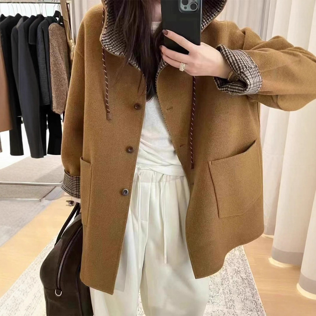韩系咖色气质连帽双面呢羊绒大衣女小个子秋冬时尚中长款毛呢外套