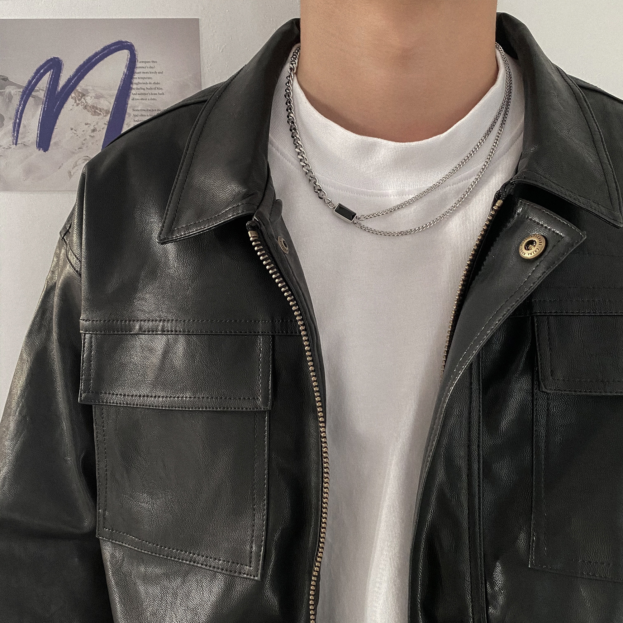 双层黑宝石项链男潮高级锁骨链