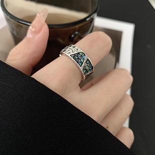 银色几何彩贝涂鸦图腾开口戒指女轻奢小众设计高级感活口指环情侣