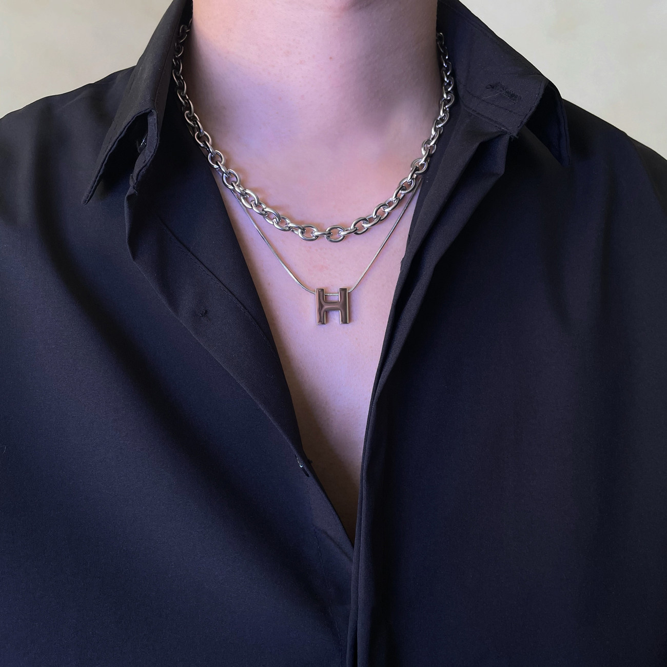 H字母项链男潮嘻哈不掉色双层叠戴设计锁骨链女毛衣链钛钢不掉色,饰品/流行首饰/时尚饰品新,项链,淘宝优惠券,粉丝福利购,淘宝优惠卷