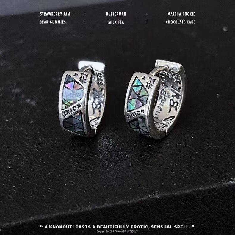 男潮彩贝几何涂鸦图腾耳环女高级感镀银耳扣小众设计2024年新款潮