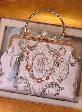 素锦手作珍珠粉色汉服手提包维多利亚洛丽塔优雅包复古Lo裙斜挎包