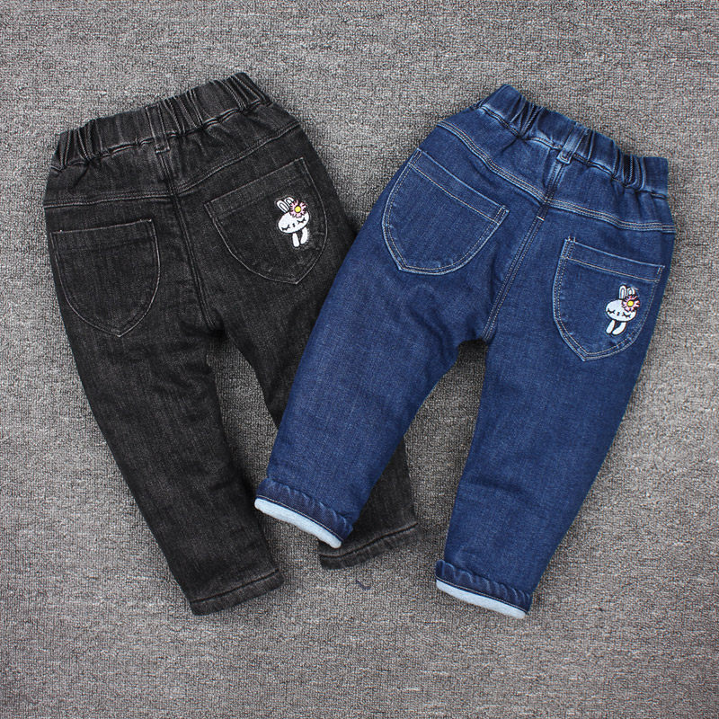 2-6岁女宝宝冬棉裤儿童加厚牛仔棉裤女童保暖裤兔子蓝黑色冬季装