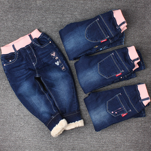 女童加绒牛仔裤女宝宝棉裤儿童羊糕毛裤厚绒长毛裤子中大童冬装款
