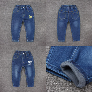 男童双层夹裤柔软儿童牛仔裤宝宝加薄棉布内衬小脚裤夹里子春秋款