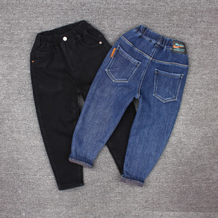 6-10岁男童一体绒牛仔裤加厚儿童抓绒柔软弹力蓝黑色小脚裤子冬装