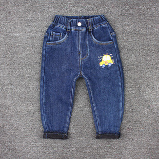 儿童加绒牛仔裤秋冬装小汽车宝宝抓绒裤子男童加厚一体绒柔软小脚