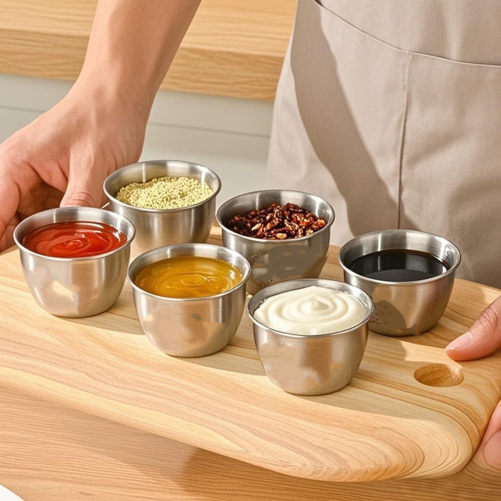 不锈钢酱料碟家用迷你酱汁杯带盖酱料盒便携户外蘸料碟子小碗