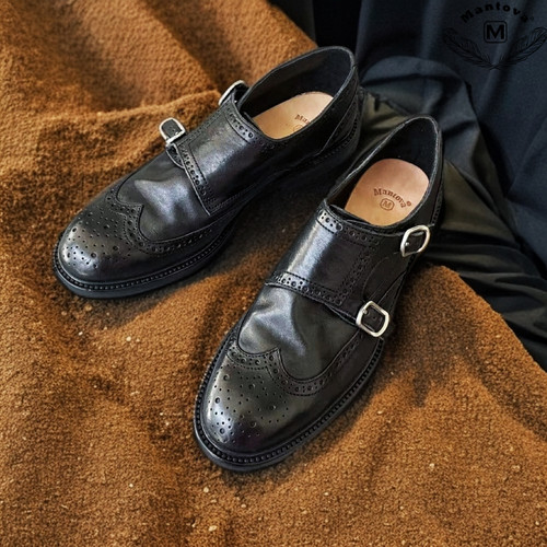 Mantova曼托瓦新款水洗马皮手工复古搭扣布洛克雕花皮鞋女鞋