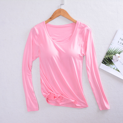 纯棉带胸垫长袖上衣秋衣女莫代尔免文胸罩杯一体大码睡衣打底衫冬