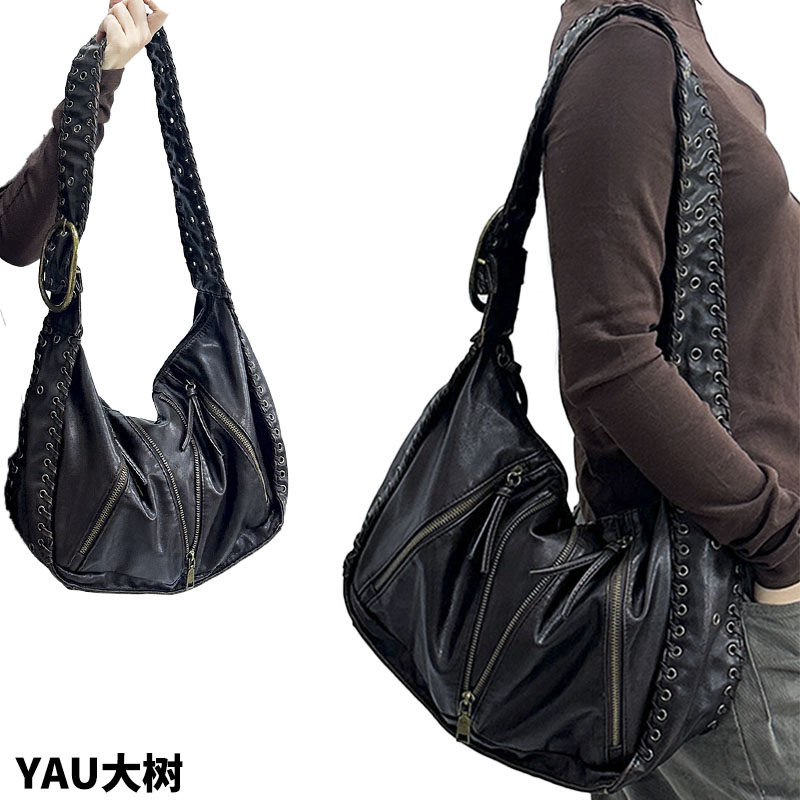 YAU大树 美式轻亚编织宽肩带斜挎包拉链潮酷百搭机车包y2k朋克包
