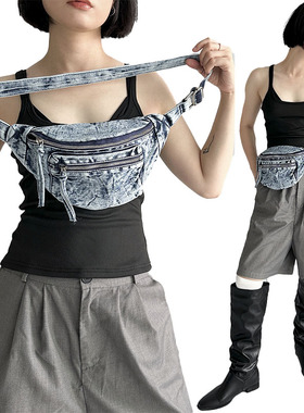 YAU大树 手机胸包单宁复古牛仔腰包时尚轻便百搭两用旅行小包包