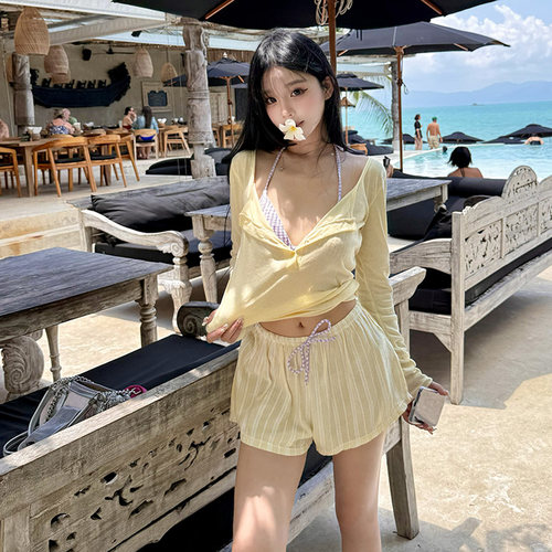 贝美珊度假长袖条纹分体泳衣女