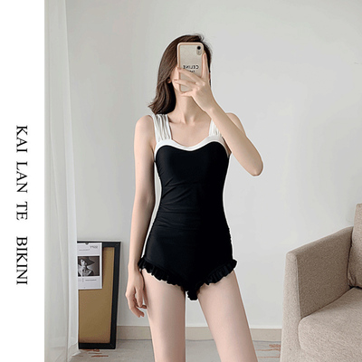 温泉黑白拼色女连体泳衣显瘦遮肚