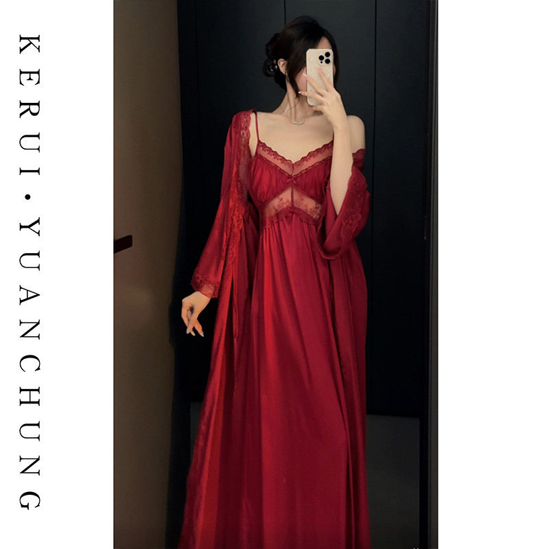 红色氛围感吊带睡衣女春季蕾丝镂空迷人睡裙性感纯欲约会长裙套装
